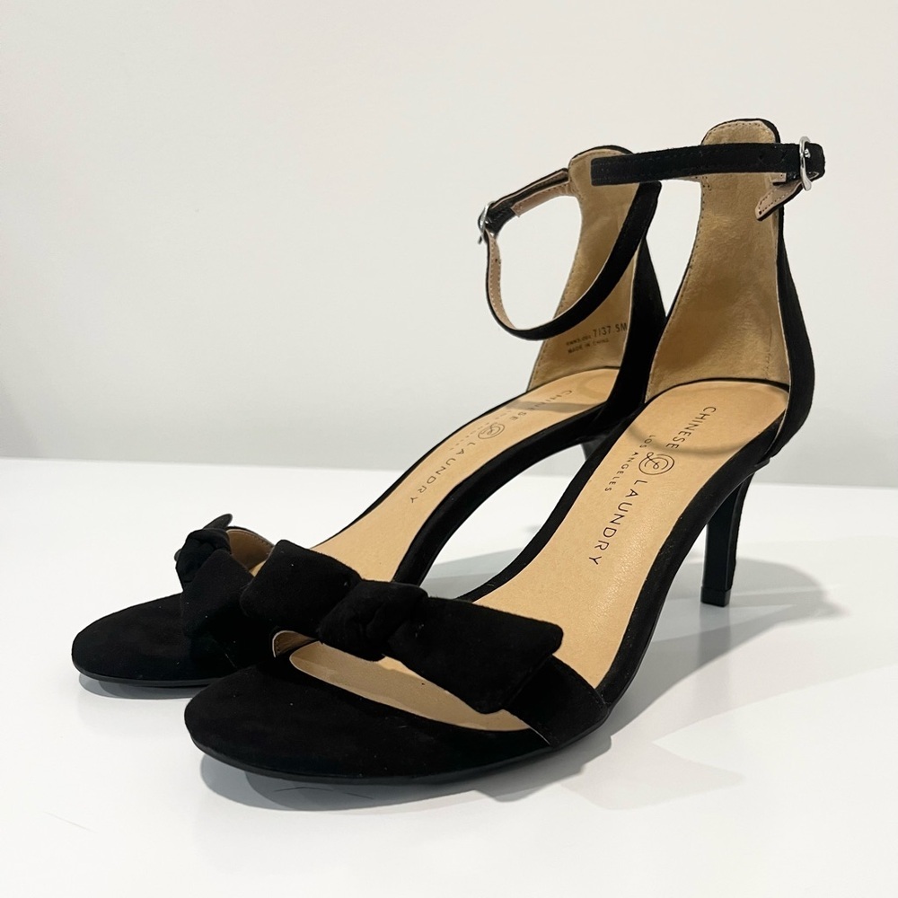 Chinese Laundry Black Suede Ankle Strap Heels Bow Coquette